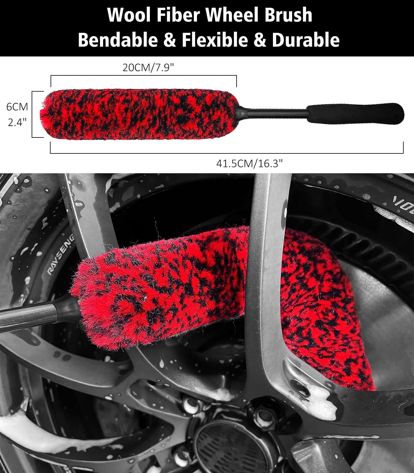 YeewayVeh 4Pack Car Wheel Cleaning Kit, Bendable Wheel Brush and Microfiber Rim Cleaner Brush, Tire Brush and Car Detailing Brush, Soft & No-Scratch Car Wheel Rim Brush Set for All Wheel Types, Red