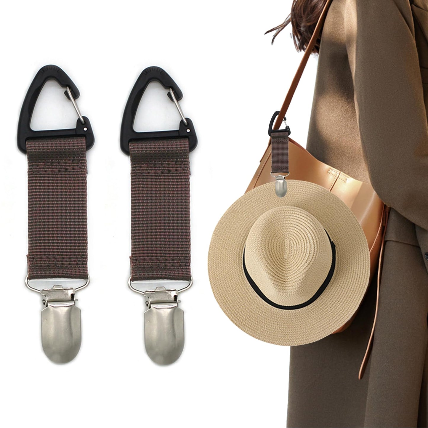 2 Pack Elastic Hat Clip for Travel,Hat Holder,Hands Free Bag Accessory for Women,Outdoor Travel Accessory,Travel Hat Clip for Sunhat,Luggage,Bag,Backpack,Purse (Khaki)