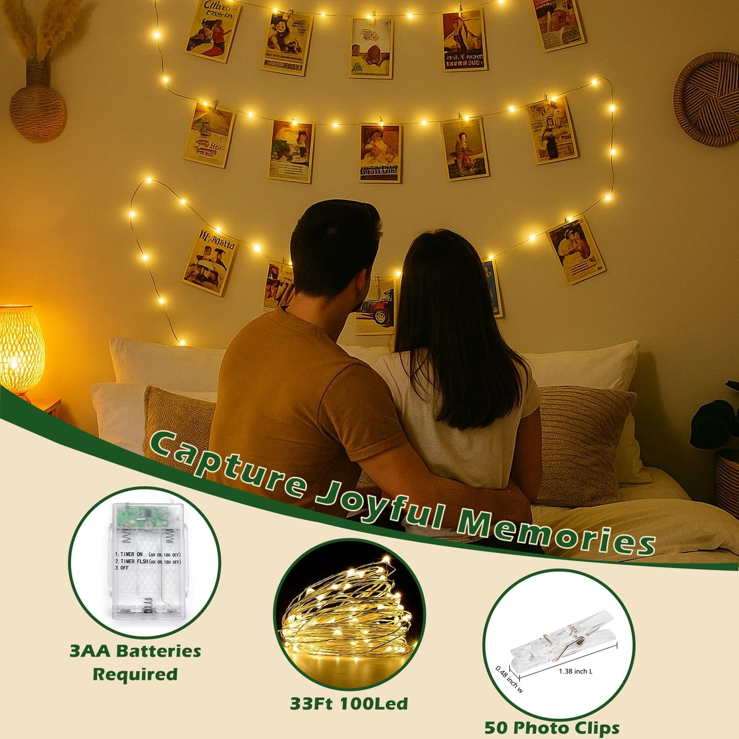 Photo String Lights with Clips for Hanging: 33Ft 100LED & Timer Fairy Light with 50 Clear Clip for Picture Display - Indoor Bedroom Room Dorm Wall Decor - Christmas Party Wedding Romantic Lighting