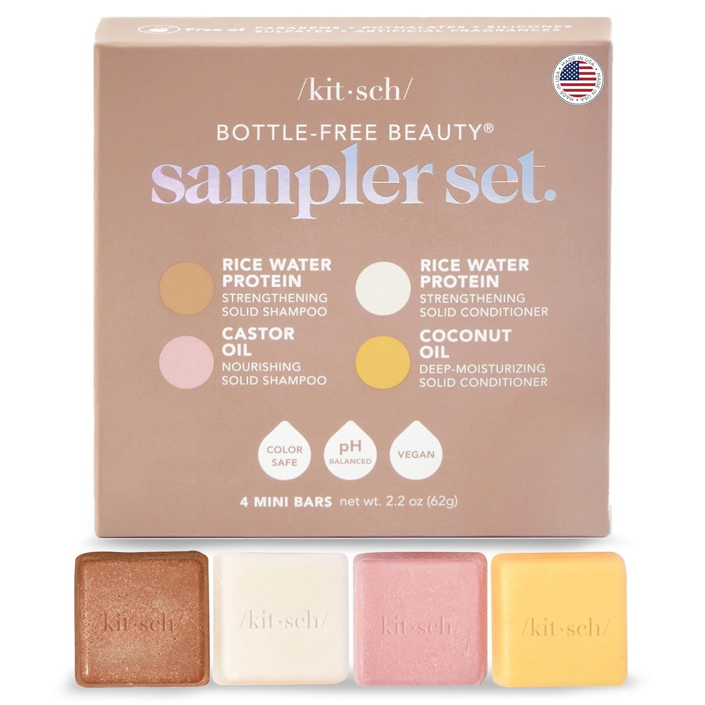 Kitsch 4pc Sampler Solid Shampoo and Conditioner Set - Rice Bar & Castor Oil Shampoo and Rice Bar & Coconut Oil Deep-Moisturizing Hair Conditioner, Zero Waste