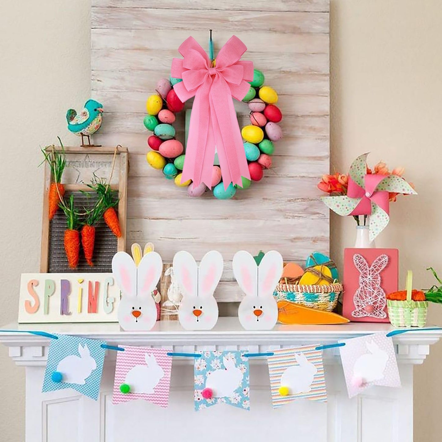 Meseey 2 Pcs 20 x 10 Inch Large Pink Burlap Bows Easter Wreaths Bow for Gift Wrapping Spring Tree Topper Front Door Home Decorations (Pink)