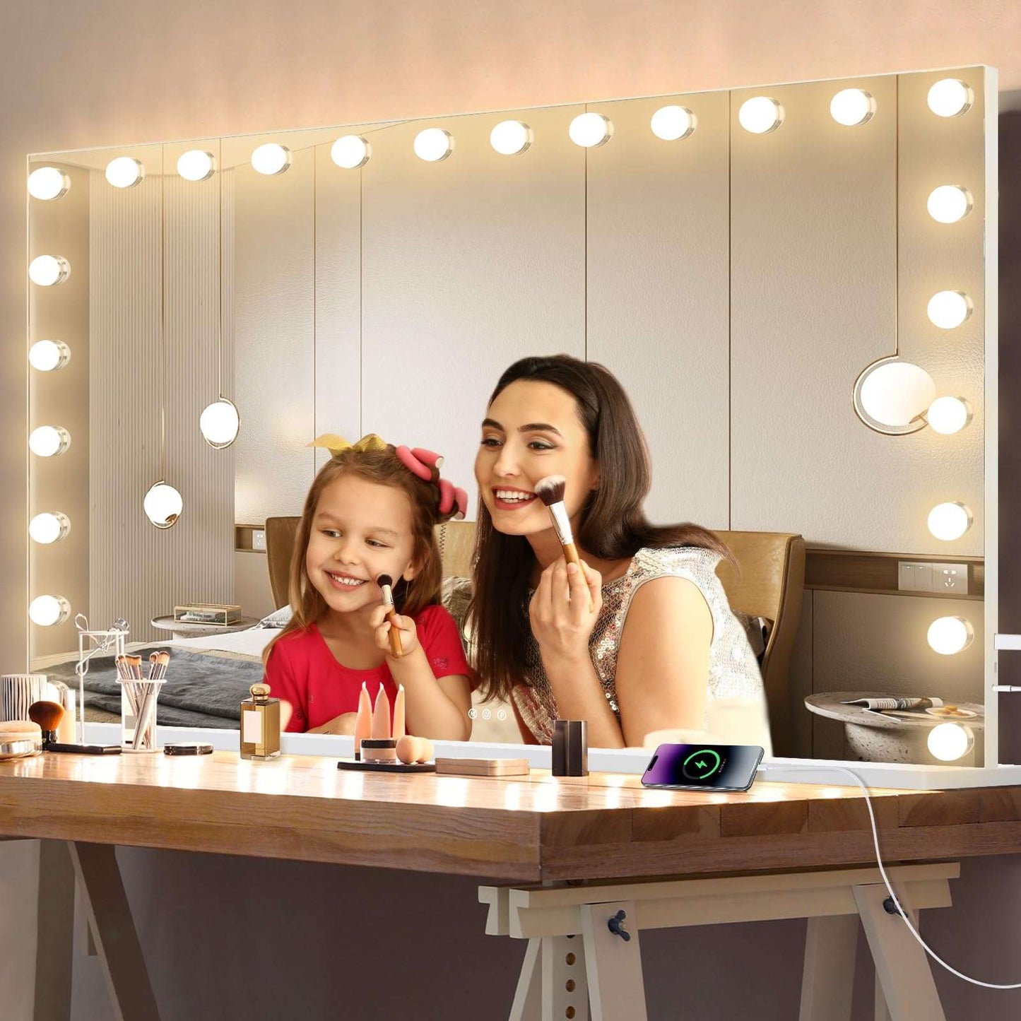 Ratsamee Hollywood Mirror with Lights, 24 Bulbs，3 Color Lights，Make Up Lighted Mirror, Aluminum Metal Frame,USB Charging Port（48" x 30"）
