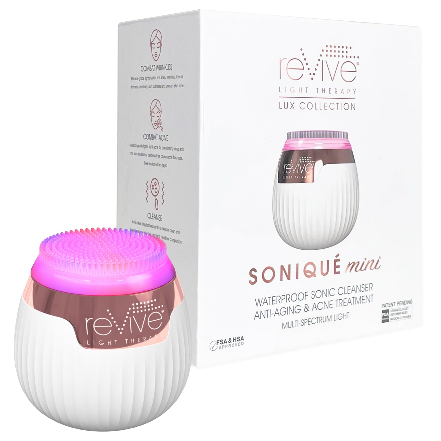 Revive LED Technologies Lux Collection Soniqué Mini Sonic Facial Cleansing Brush with Red & Blue Light Therapy, Reduces Appearance of Acne & Wrinkles