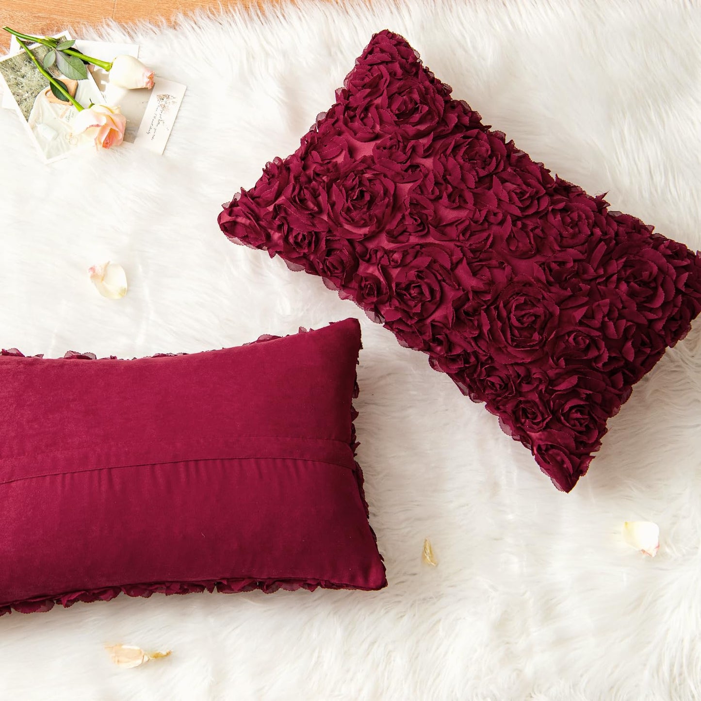 MIULEE 3D Decorative Romantic Valentines Stereo Chiffon Rose Flower Throw Pillow Cover Solid Pillowcase for Girl Women Wedding Sofa Bedroom Car Decor 12x20 Inch 30x50cm Wine Red