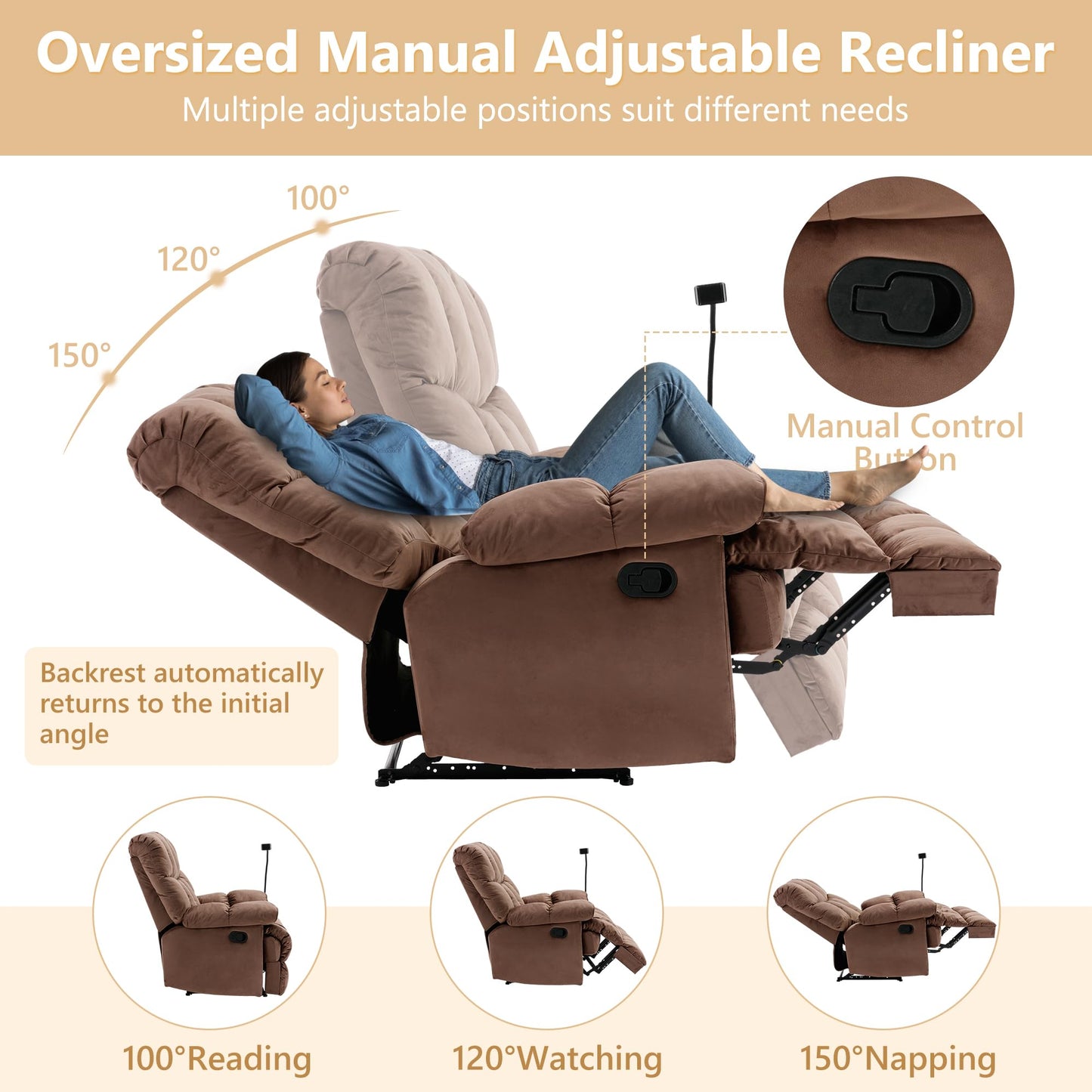GNMLP2020 Oversized Recliner Chair, Big Mans Recliner Chairs for Adults 400LBS, Extra Wide Recliners for Tall Man, Large Recliner Chair for Living Room, Brown