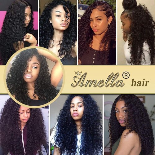 Amella Hair 8A Brazilian Hair Frontal with Bundles Kinky Curly 3 Bundles with Free Part Lace Frontal 100% Unprocessed Virgin Brazilian Hair 10 12 14+10 inch Frontal