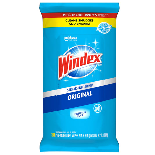 Windex Wipes Glass Cleaning Ammonia Free, Pre-Moistened Glass and Surface Wipes to Clean Home Surfaces, Household Essentials, Original Scent, 38 Count (Pack of 6)