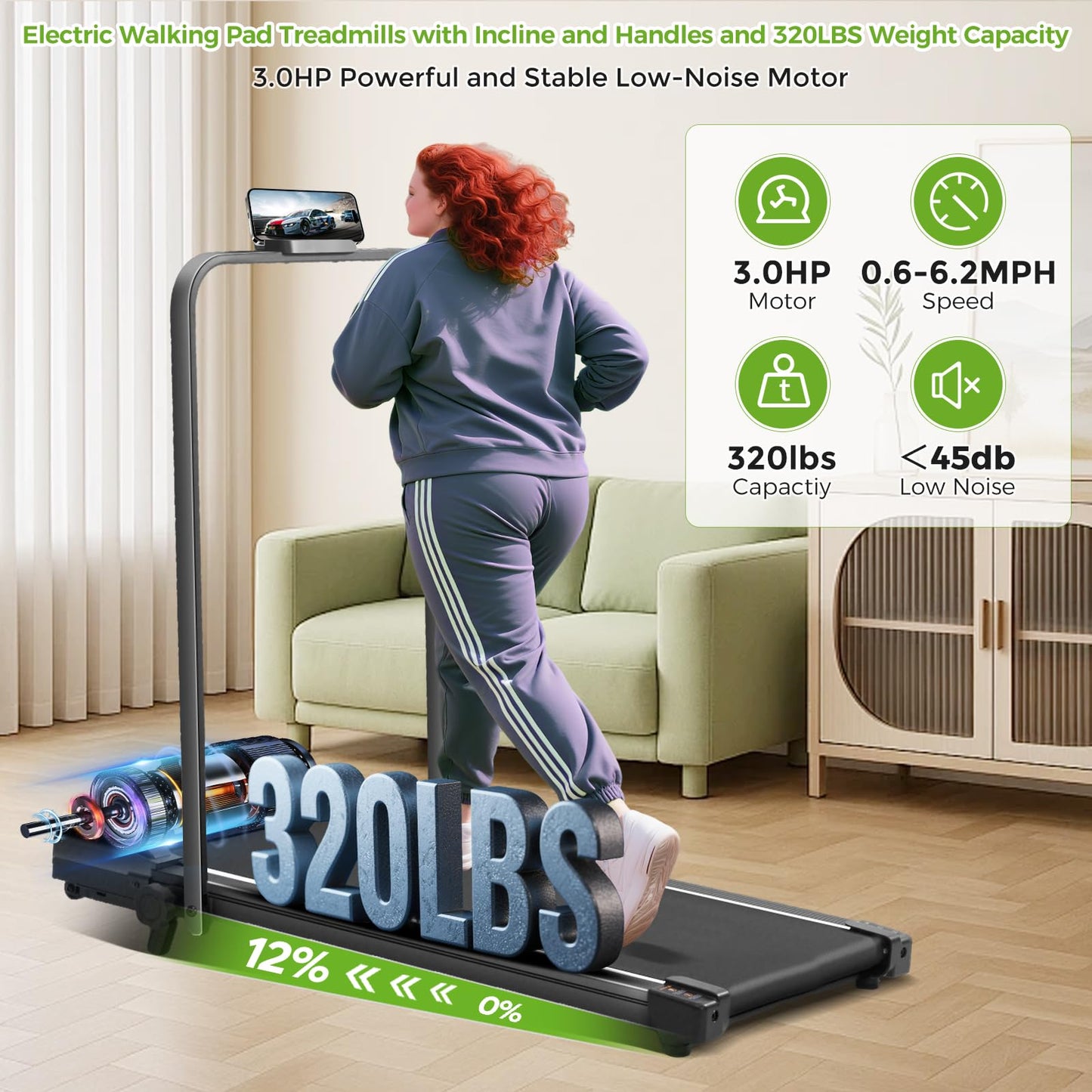 Walking Pad Treadmill with Incline & Handle Bar, 3.0HP Foldable Folding Treadmills for Home Small, Small Portable Treadmill with Handles, Walking pad with Incline and Handle bar, 320LB Capacity