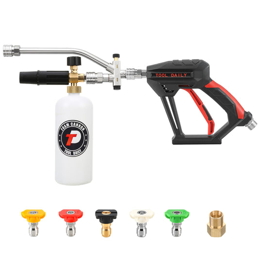 Tool Daily Short Pressure Washer Gun with Foam Cannon, Dual Connector Accessory, 1/4 Inch Quick Connect, 5 Spray Nozzle Tips, 1 Liter