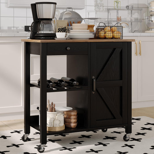 4 EVER WINNER Black Kitchen Island Cart with Storage, Farmhouse Rolling Portable Bar cart with Wine Rack,Small Islands Cart on Wheels for Kitchen