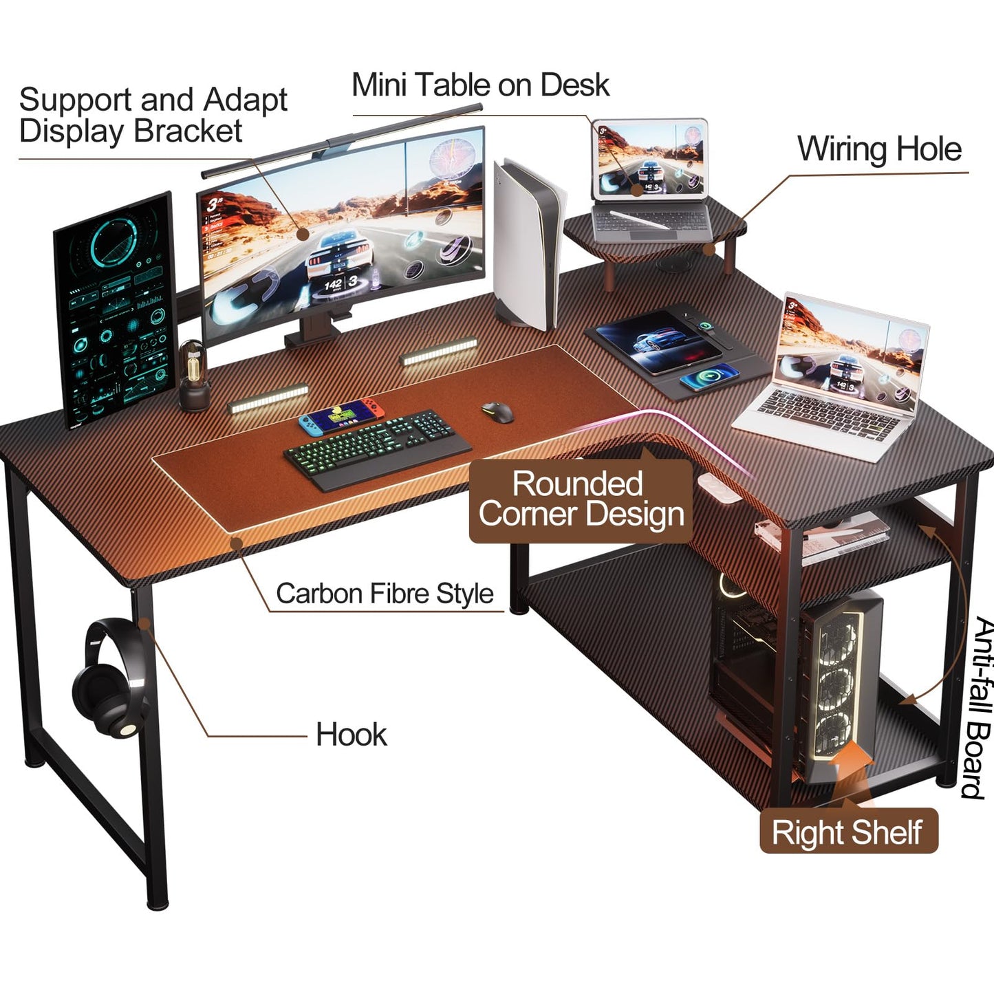 GTPLAYER L Shaped Gaming Desk, Carbon Fiber Style Computer Desk with Monitor Shelf and Hook, Black Small L Shape Desk with Adjustable Open Storage Shelf, Corner PC Table for Small Space Home Office