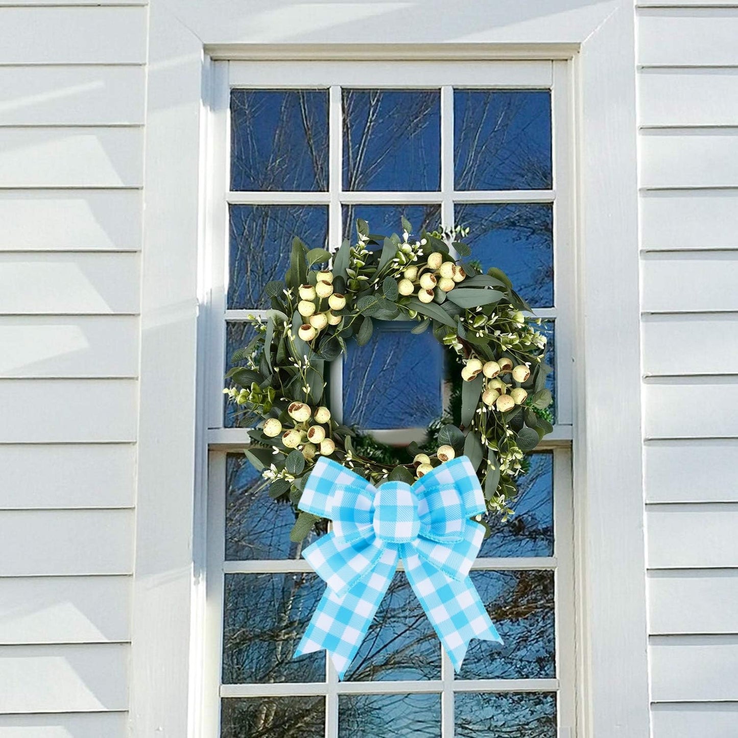 Meseey Buffalo Plaid Ribbon Bows 2-Pack Handmade Burlap Farmhouse Bows for Wreaths, Tree Decorations, Gift Wrapping (Turquoise/White)