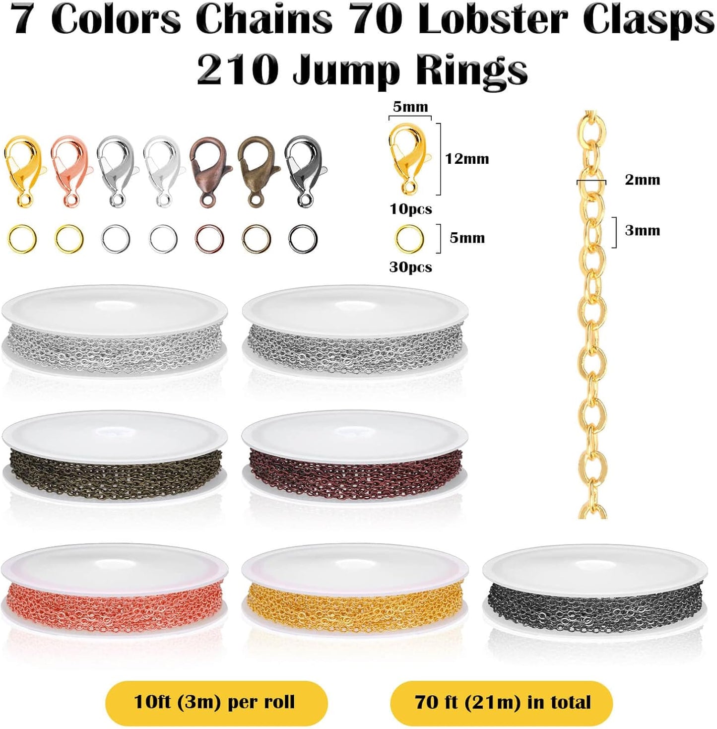70Ft Jewelry Making Chains, 7 Colors 2mm Stainless Necklace Chains for Jewelry Making, Metal Chains Kit with 210Pcs Jump Rings and 70Pcs Lobster Clasps for DIY Jewelry Necklace Bracelet Anklet Making