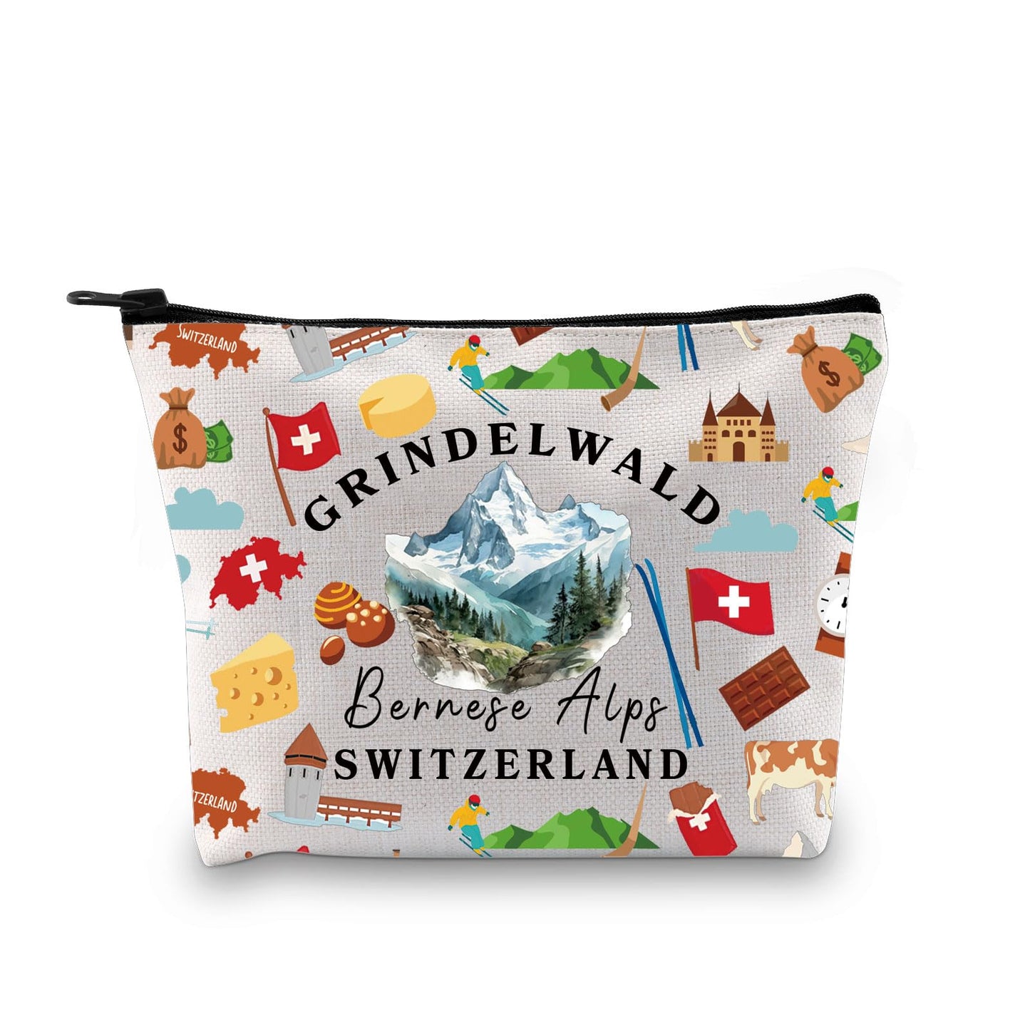 Zuo Bao Switzerland Cosmetic Bag Travel To Switzerland Gift Swiss Flags Suisse Vacation Toiletry Bag Swiss Alps Makeup Bag Travel In Europe Gift (GRINDELWALD)
