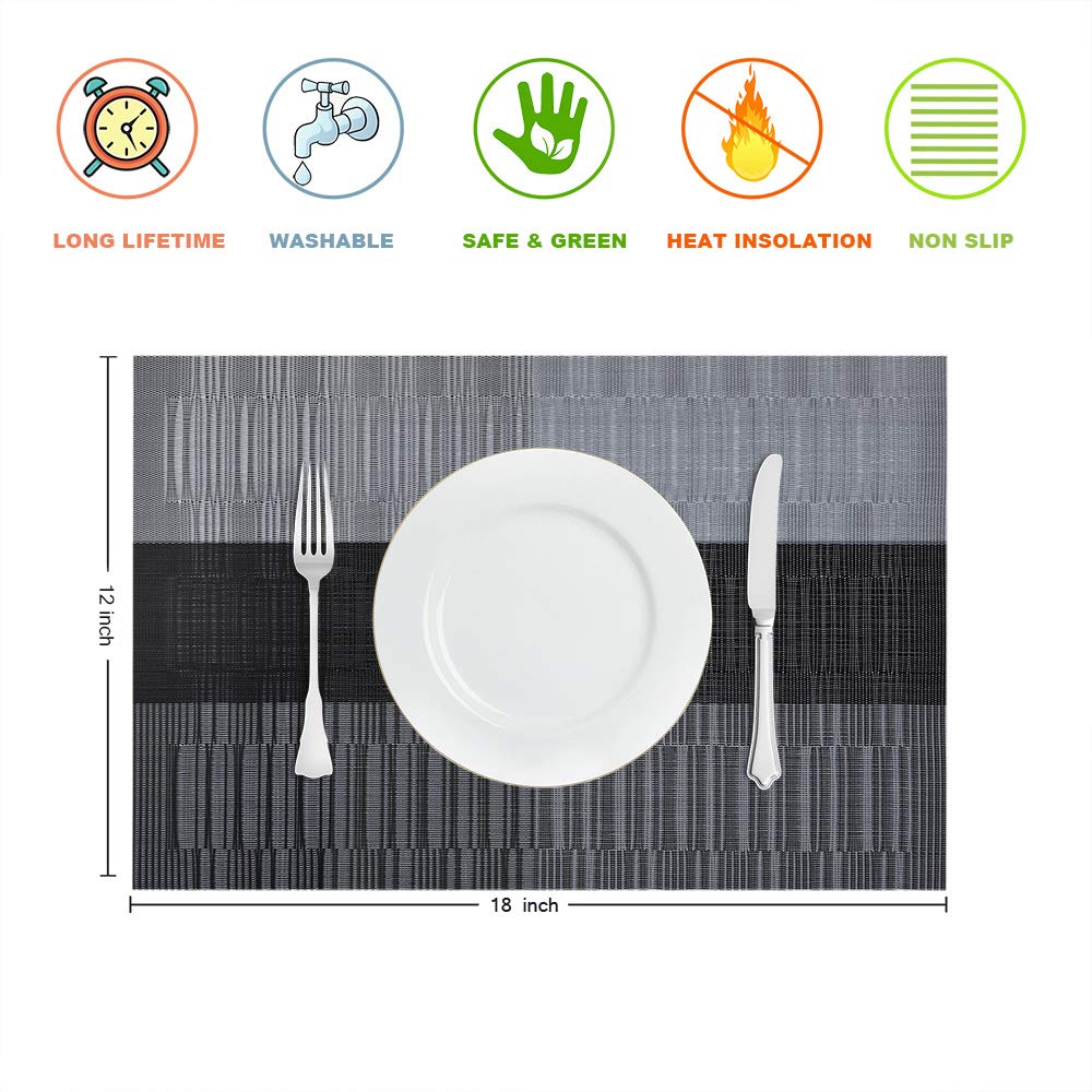 GIVERARE Placemats Set of 4, Heat-Resistant Woven Vinyl Placemat, Non-Slip Washable PVC Table Mat, Easy to Clean Premium Plastic Mats for Dining, Kitchen Table (Black+Gray)