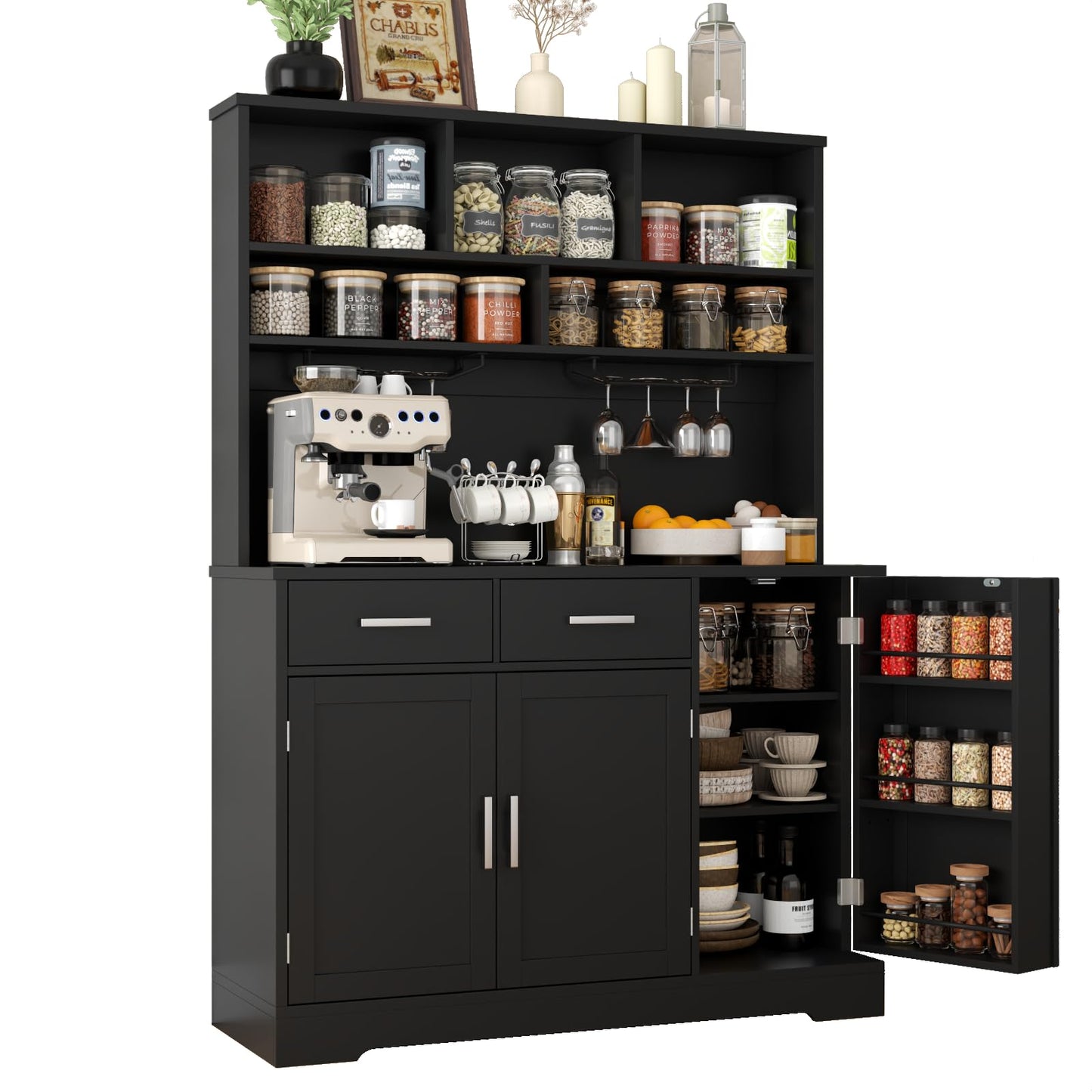 Kitchen Pantry Storage Cabinet with 2 Drawers, Tall Kitchen Hutch Cabinet with Microwave Shelf, Modern Buffet Cabinets with Goblet Holders, Food Pantry with Adjustable Shelves for Dining Room, Black