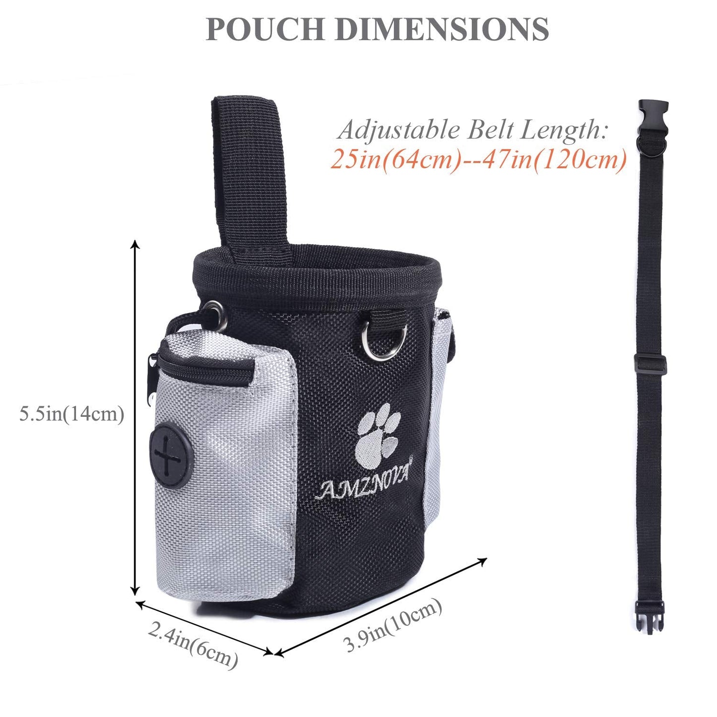 AMZNOVA Dog Treat Bag, Puppy Training Pouch, 3 Cups Animal Walking Snack Container Best Hiking Toys Pack Dispenser Carries with Waistband, Black