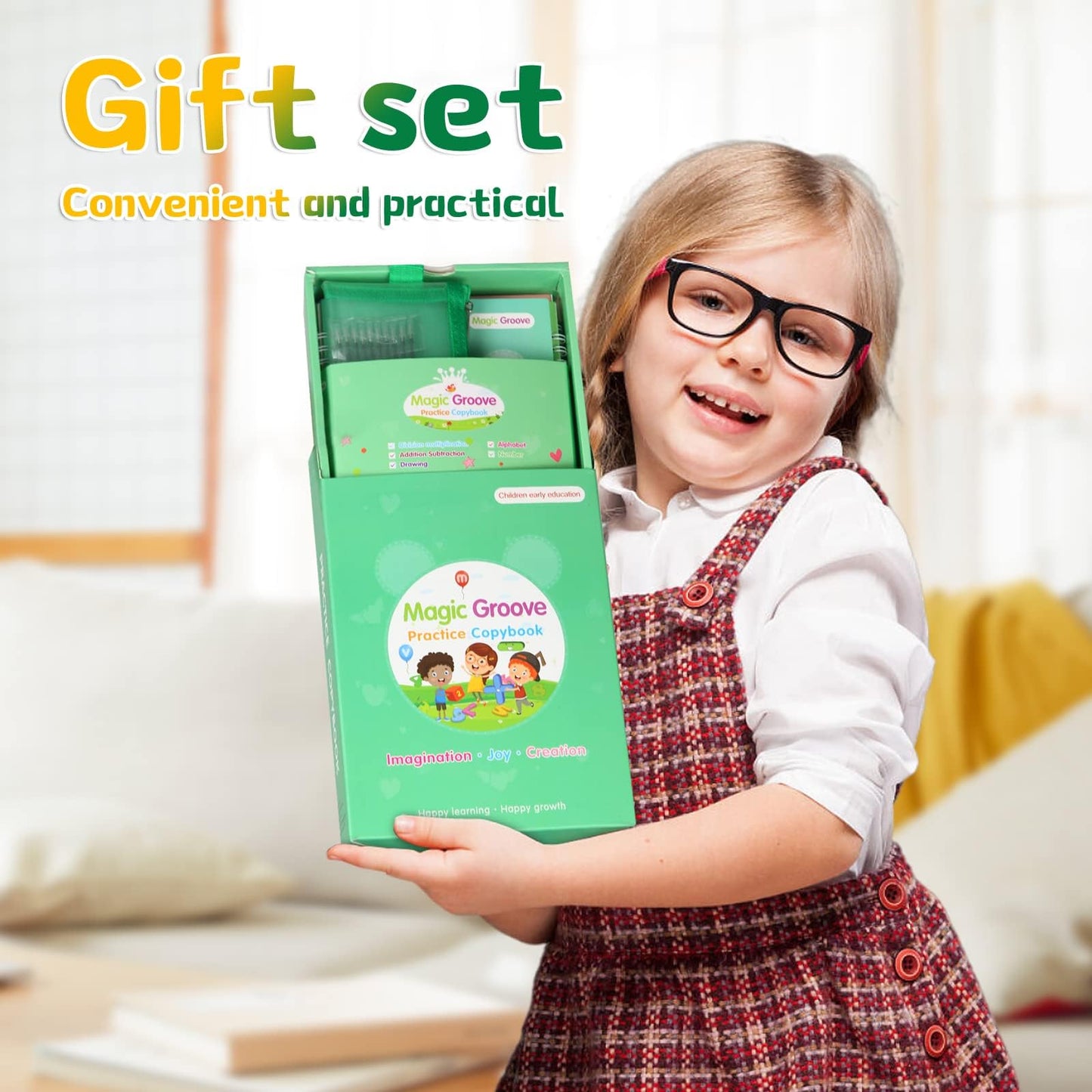 Magic Groove Practice Copybook for Kids, Reusable Writing Practice Book, Grooved Handwriting Book Set for Kids Ages 3-8 Calligraphy 5.59 * 7.91 (5 Medium Books with Cactus Pens & Gift Box)