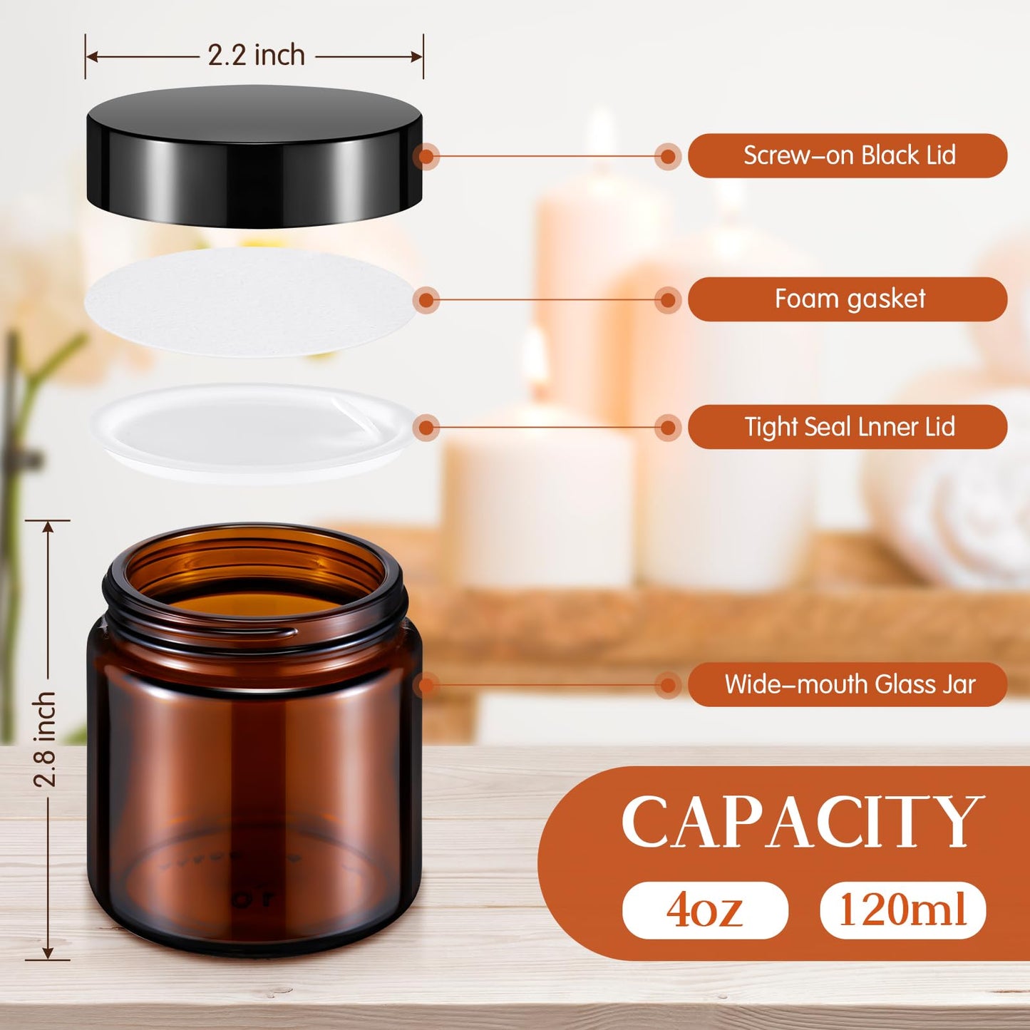 Norme 96 Pcs 4 oz Glass Jars with Lids Leakproof Round Airtight Empty Cosmetic Jars with Inner Liners Lid for Storing Lotions Powder Ointments Candle Making (Black,Amber)