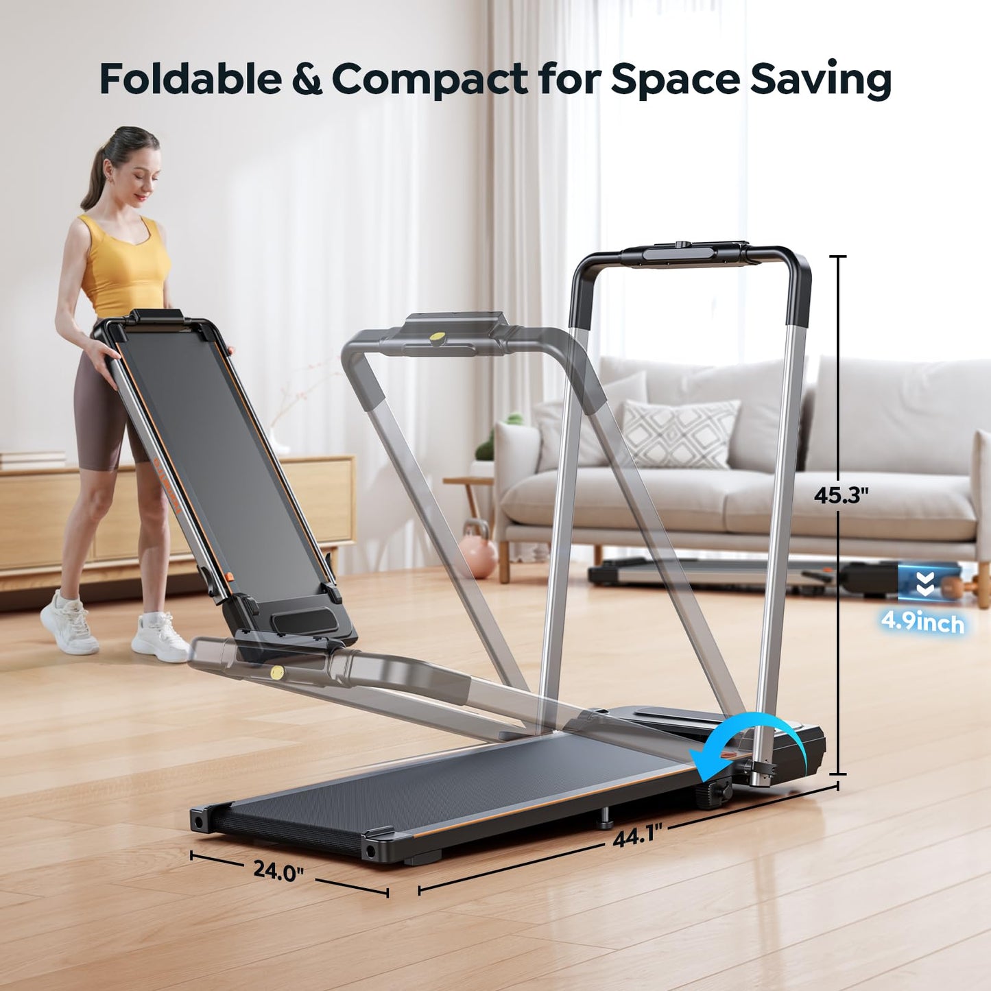 homeTro Foldable Treadmill with 7% Incline, 2.5HP Portable Under Desk Walking Pad with 0.6-7.5MPH, Handle, Remote and App Control, 265lbs Maximum Capacity for Home, Office