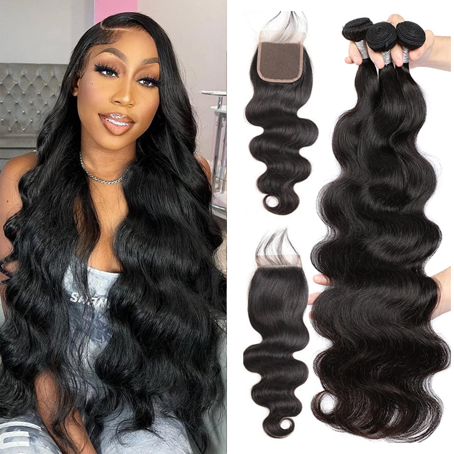 Mrladgo Body Wave Human Hair Bundles with Closure 100% Unprocessed Brazilian Virgin Human Hair 3 Bundles Body Wave with 4X4 Free Part Lace Closure Natural Black Hair Extension
