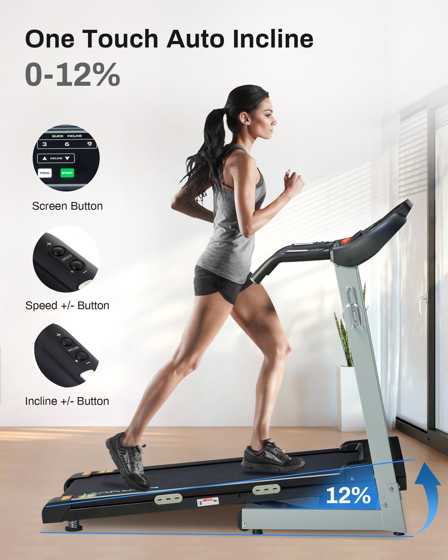 Treadmill with Auto Incline - 300 LBS Capacity Running Machine with 17.5 Wide Belt, 3HP Folding Electric Treadmills with Bluetooth Speaker for Home, Up to 8.5 MPH Speed, 15 Preset Programs