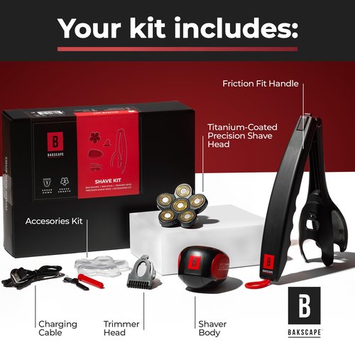 Bakscape Men's Back Shaver Starter Kit 2.0, Electric Body & Back Shaver for Men with Friction Fit Handle & Titanium- Coated Shave Head- Includes 2 Shave Heads & Handle