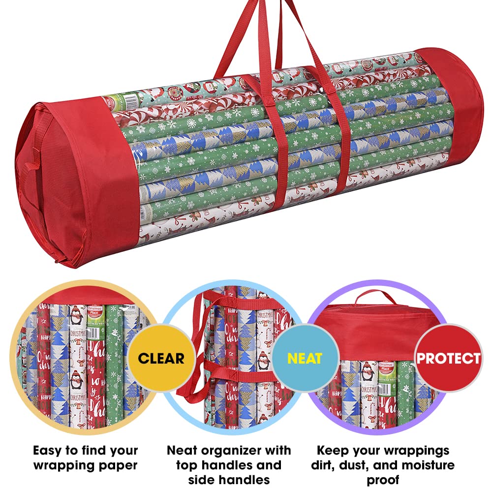 ProPik Gift Wrap Organizer, Wrapping Paper Storage Bag, Fits Holiday Papers 40 Inch Long, Holds Up To 24 Rolls, Heavy Duty Clear PVC Bag with Handles (Red & Clear)