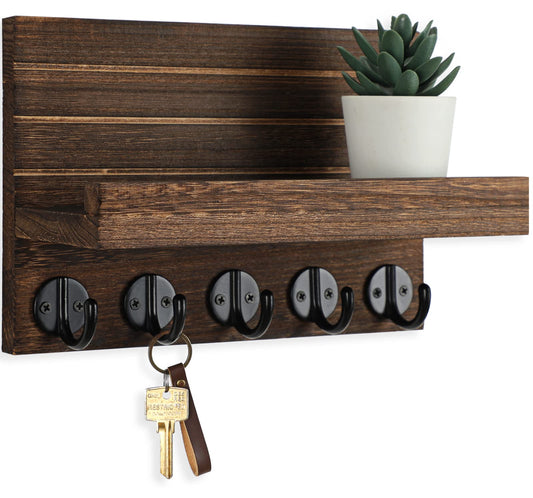 Key Holder for Wall, Decorative Key and Mail Holder with Shelf Has Large Hooks for Bags, Coats, Umbrella – Paulownia Wood Key Hanger with Mounting Hardware (9.8”W x 6.7”H x 4.2”D)
