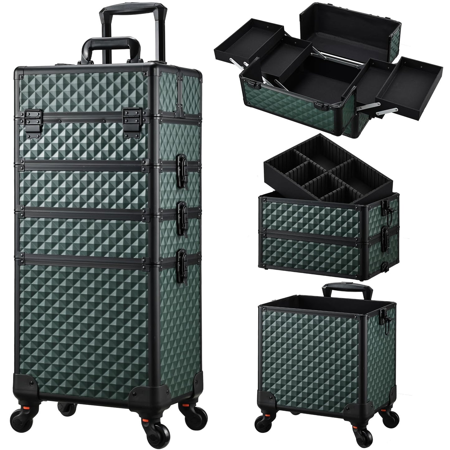 Stagiant Rolling Makeup Train Case Cosmetology Case on Wheels 4 in 1 Cosmetic Box Makeup Travel Case with Key Swivel Wheels Nail Artist Salon Barber StorageTraveling Cart Trunk Dark Green