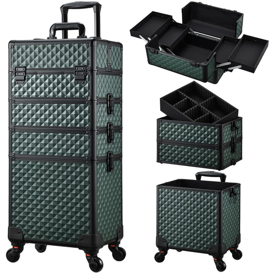 Stagiant Rolling Makeup Train Case Cosmetology Case on Wheels 4 in 1 Cosmetic Box Makeup Travel Case with Key Swivel Wheels Nail Artist Salon Barber StorageTraveling Cart Trunk Dark Green