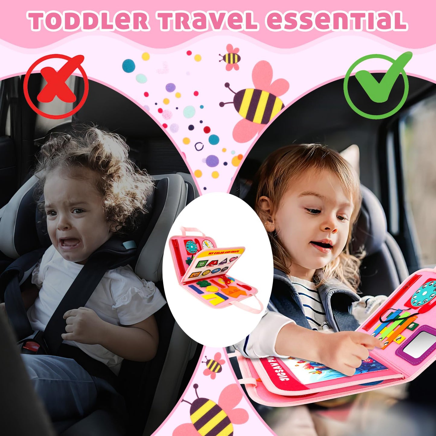 Buauty Busy Board Toddler Toys Montessori Sensory Toys Gifts Age 1-4 Baby Learning Busy Book Kids Preschool Educational Activity Board Airplane Road Car Travel Toys Essentials