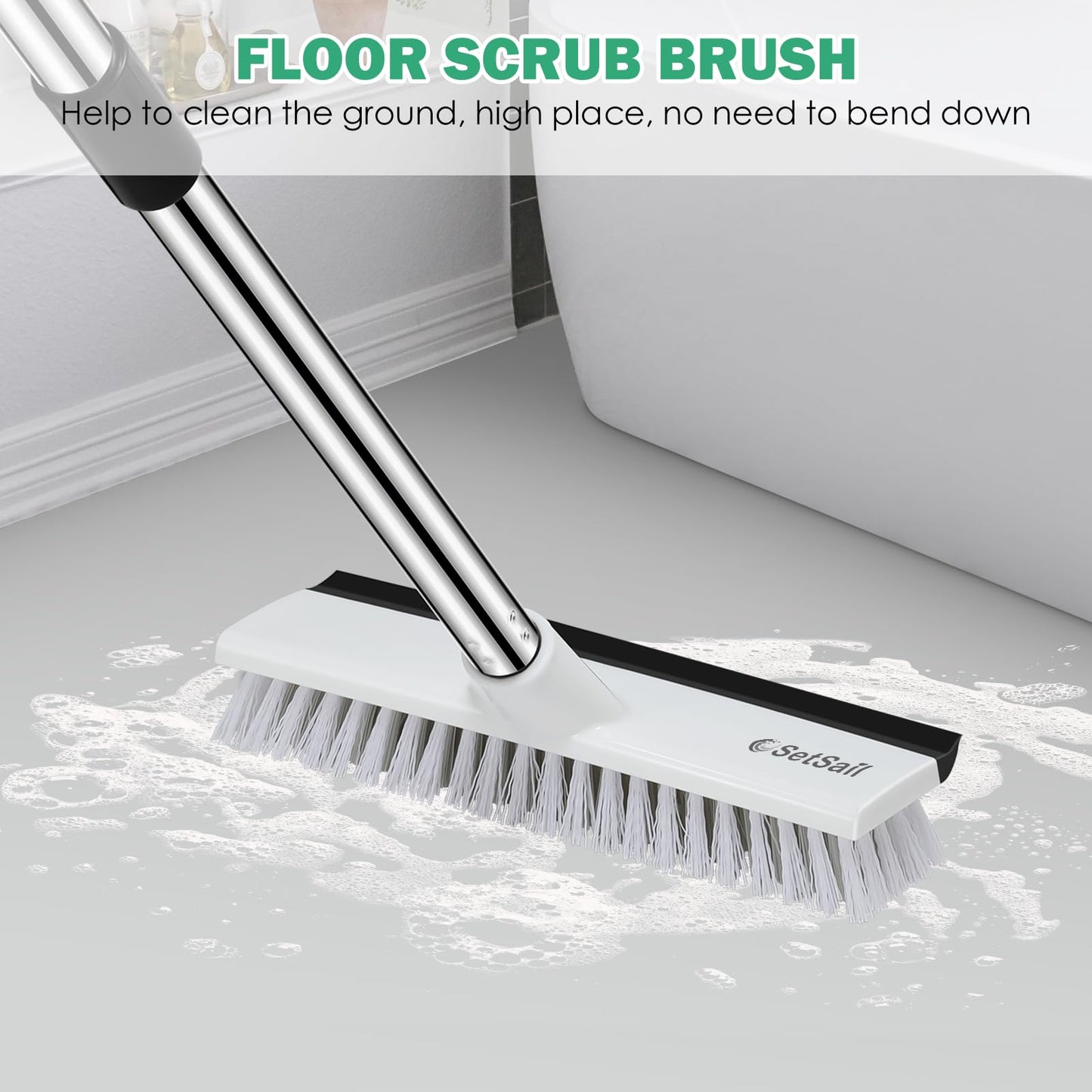 SetSail Floor Scrub Brush with 51-Inch Long Adjustable Handle 2 in 1 Scrape Brush Stiff Bristle Floor Scrubber for Cleaning Shower Bathroom Garage Kitchen Wall Deck Tub Tile