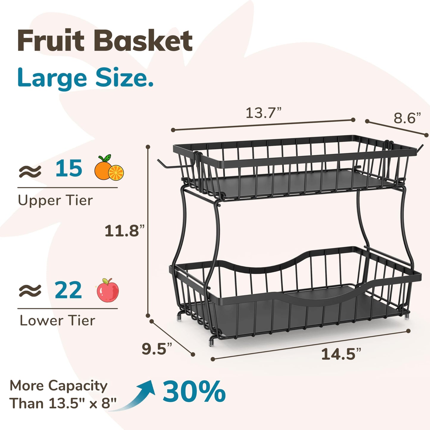 Zurklulu 2-Tier Fruit Basket for Kitchen Counter with 2 Banana Hangers – Metal Fruit Bowl for Onion, Vegetable, Snacks, Breads Storage – Countertop Organizer – Black, Large