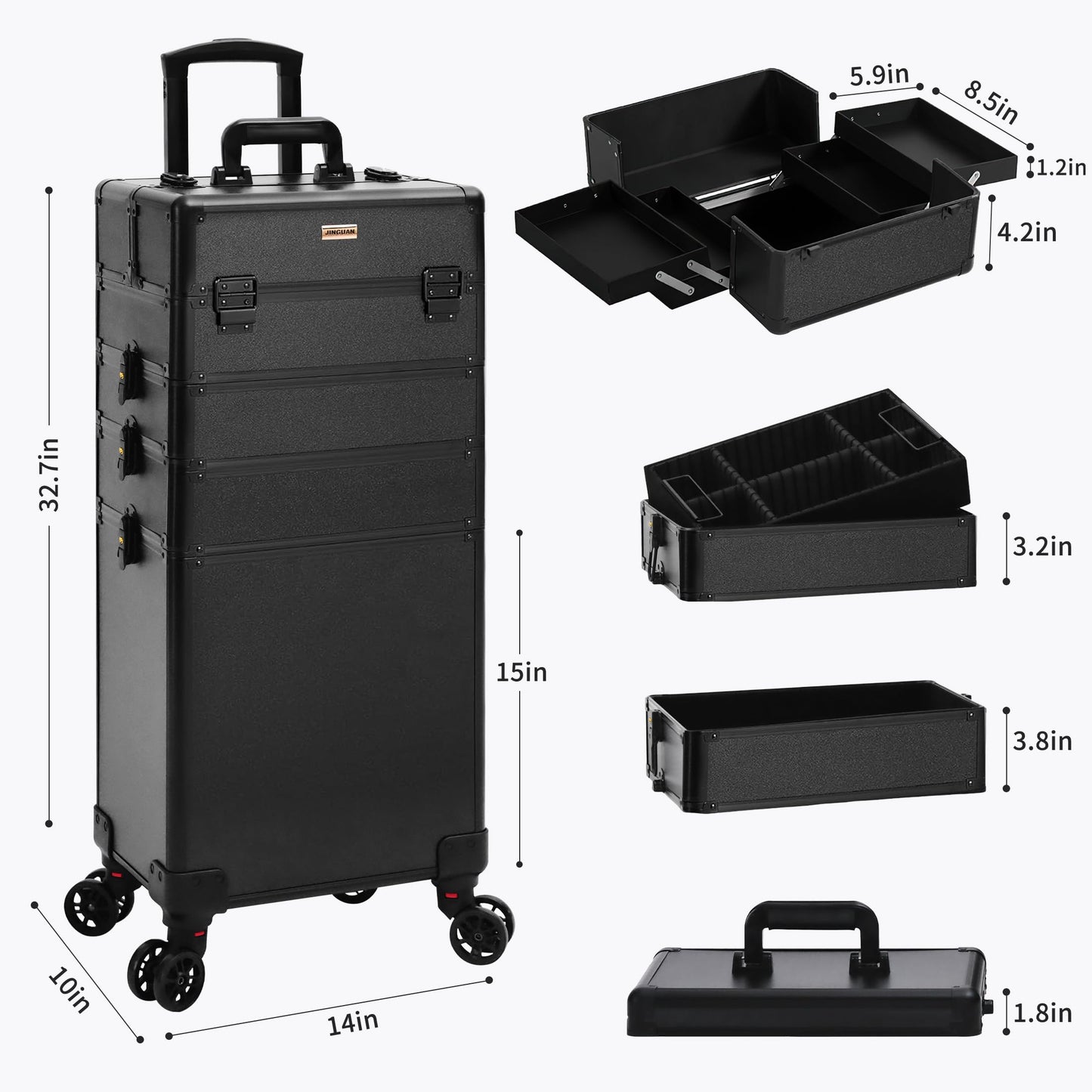 JINGUAN Rolling Makeup Train Case Large Storage Cosmetic Trolley 5 in 1 Large Capacity Trolley Makeup Travel Case with Key Swivel Wheels Salon Barber Case Traveling Cart Trunk, Black