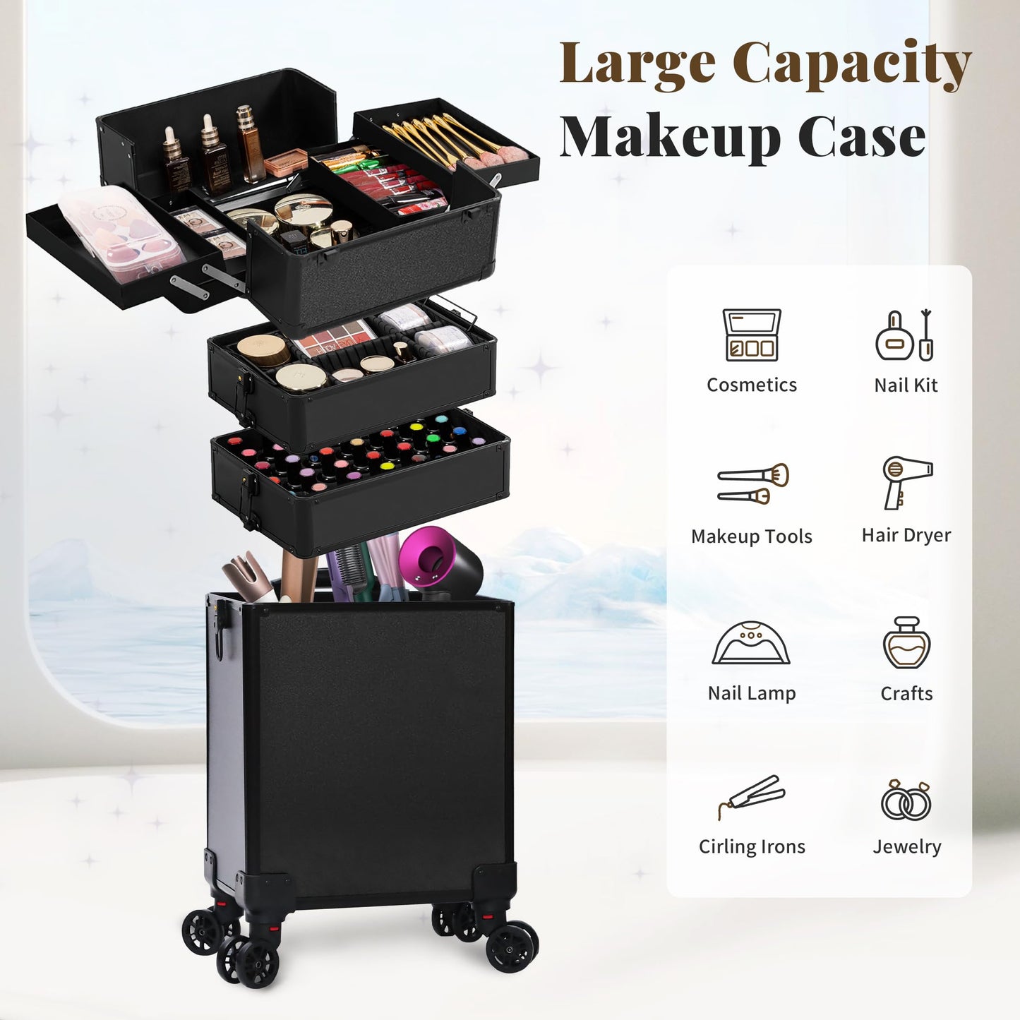 JINGUAN Rolling Makeup Train Case Large Storage Cosmetic Trolley 5 in 1 Large Capacity Trolley Makeup Travel Case with Key Swivel Wheels Salon Barber Case Traveling Cart Trunk, Black