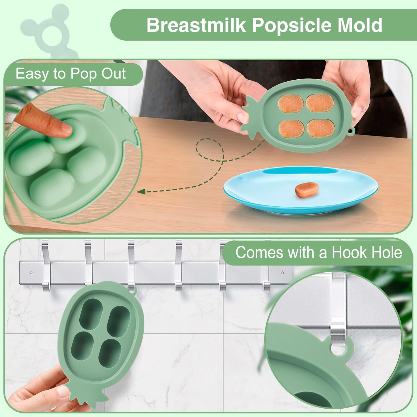HAOBAOBEI Teething Toys, Baby Fruit Food Feeder, Breastmilk Popsicle Molds for Baby Cooling Relief (Green, Mini Mouse)