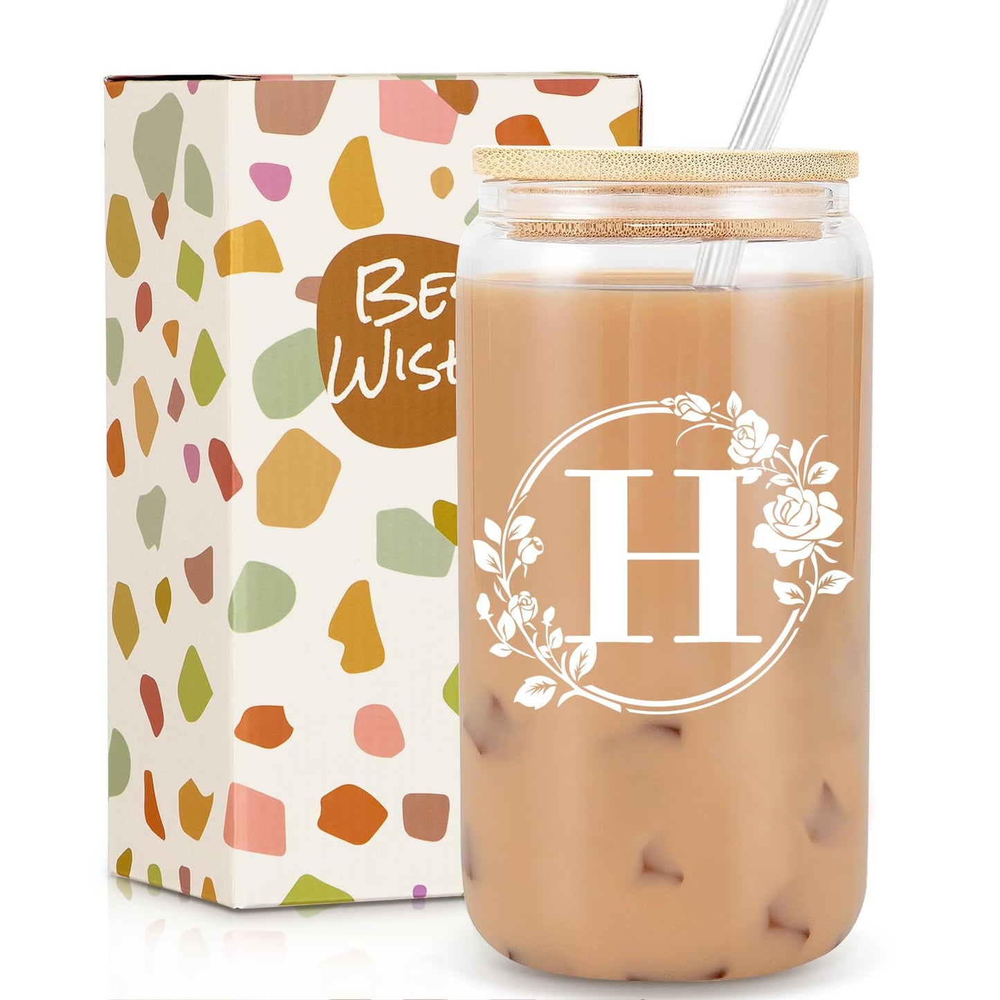 Birthday Gifts for Women, Monogrammed Initial Glass Cup Personalized Gifts for Women, 16oz Glass Cups with Lids and Straws, Iced Coffee Cup, Beer Can Shaped - Gift for Christmas, Birthday, K
