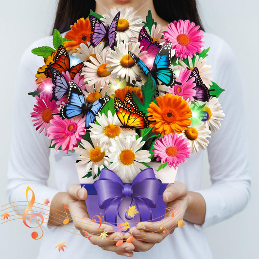 Pop Up Card with Music and Light, Anniversary Card with Roses, Flower Bouquet 3D Gift Card, Birthday Valentines Day Gifts Mothers Day Gifts for Women Mom Wife(Rose)