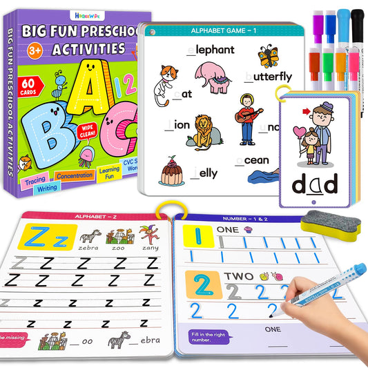 HOQEEWIPE Preschool Learning Activities - Reusable Handwriting Tracing Books for Kids, PreK Kindergarten Workbooks, CVC Word Game, Numbers & Alphabet Educational Learning Toys for 3, 4, 5, 6 Year Old