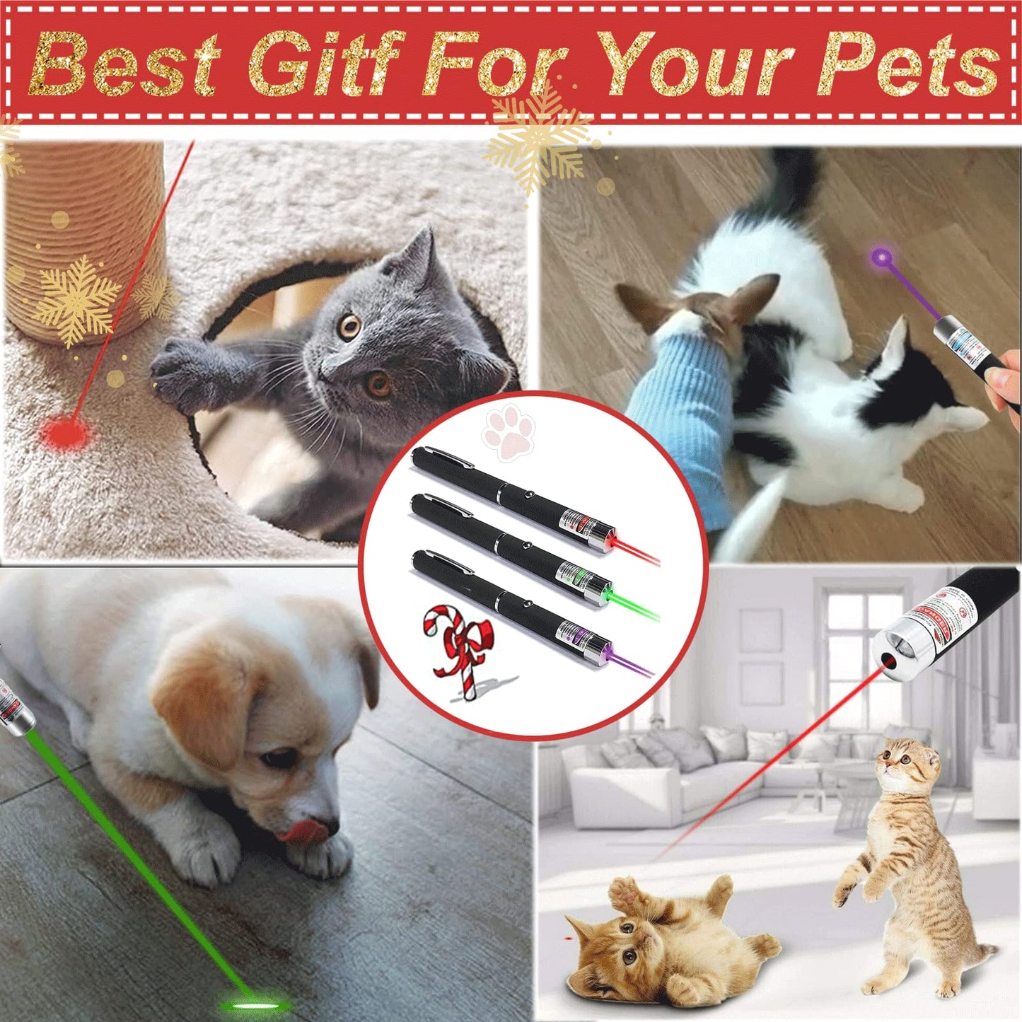 MEUSNO 3 Pack Cat Laser Pointer Toy, Red Green Purple Cat Laser Pointer for Cats Dogs Indoor Chaser Cats Dog Pet Laser Toy Laser Light Pointer, Small Laser Pet Toy Geese Deterrent