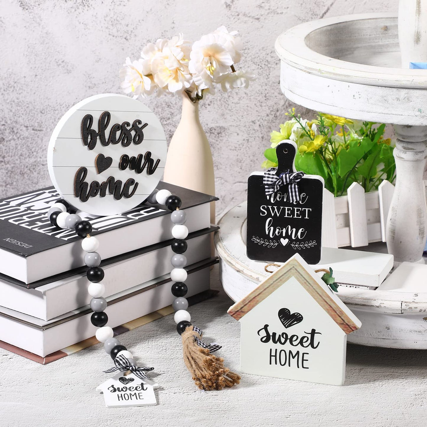 4 Pieces Farmhouse Tiered Tray Decor Set Including House Farmhouse Sign Wooden Small Items Plaid Wood Bead Garland for Home Decor(Simple Style)