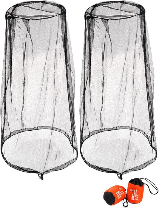 Wohohoho Mosquito Head Net Mesh With Drawstring, Bug Face Shield for Hats, Beekeeper Mask Protection for Men & Women Against Midges, Bugs & Gnats (2 Packs, Black, Updated Big Net)