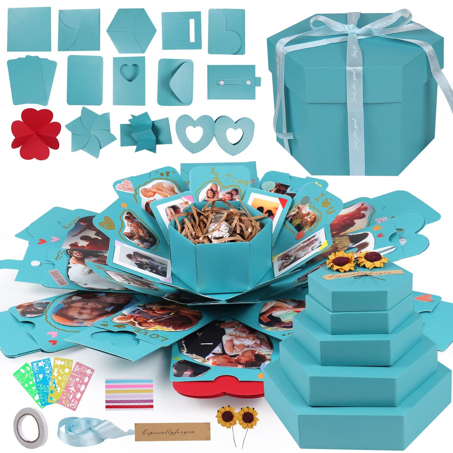 RECUTMS Explosion Box DIY Scrapbooking Set Handmade Photo Album,Gift Box with 6 Faces Wedding Memory Book (Pink-6 Sides)