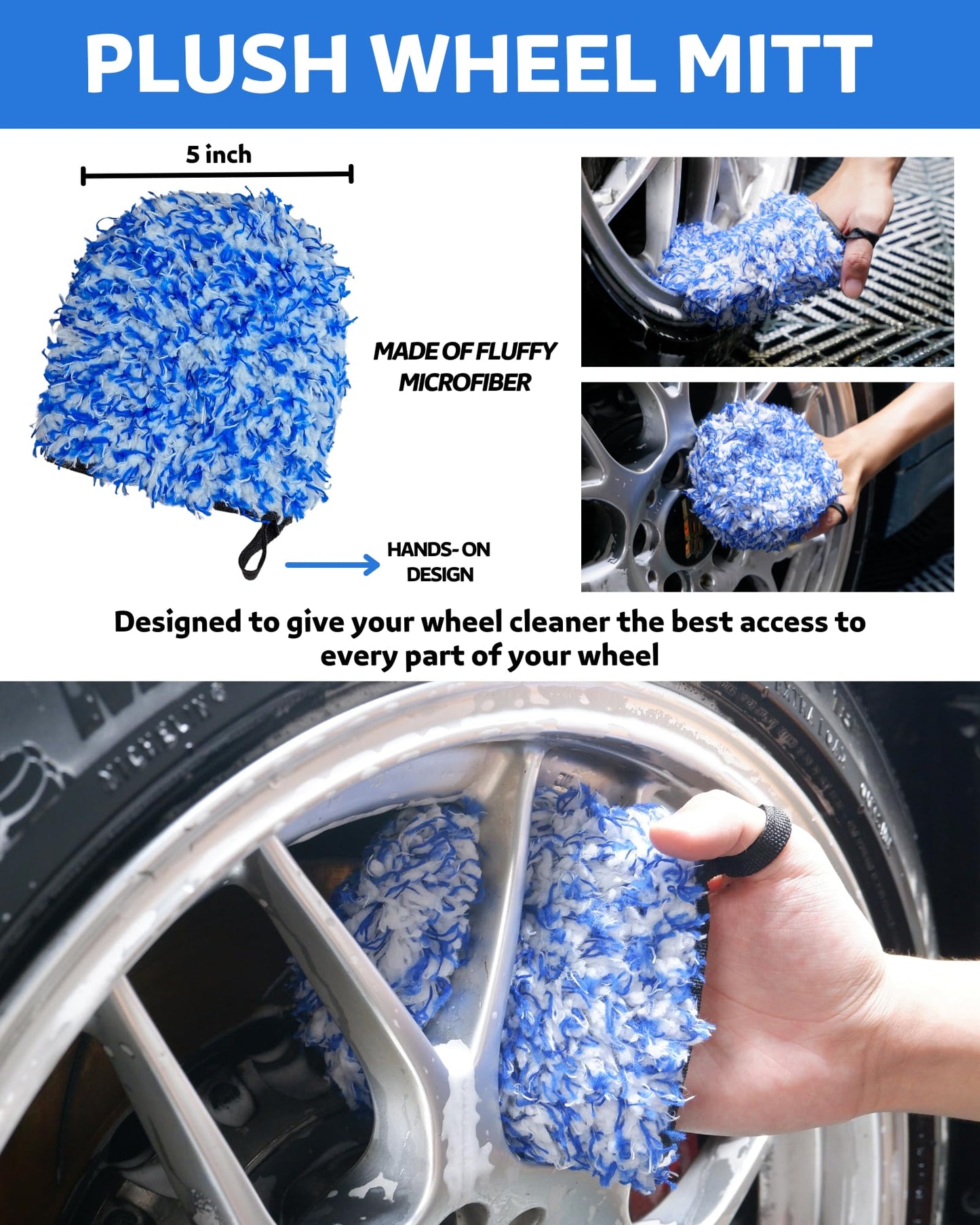 oesee Car Wheel Cleaning Kit: Wheel and Rim Flagged Tip Brush, Bendable Barrel Brush, Wheelie Mitt, Scratch-Free Detail Brush for Rims & Tires - Durable & Multipurpose Clean Wheel Hard to Reach Areas