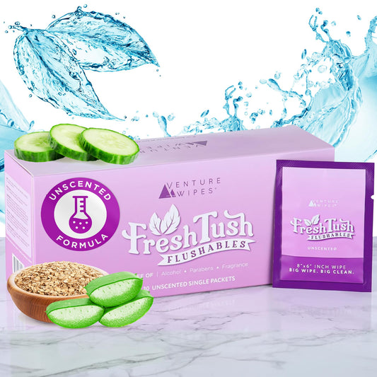 Venture Wipes FreshTush Flushables Unscented - Premium Quality Personal Cleansing Wipes - Gentle on Sensitive Skin - Hygienic & Portable - Ideal for On-The-Go and Daily Use - 30 Count