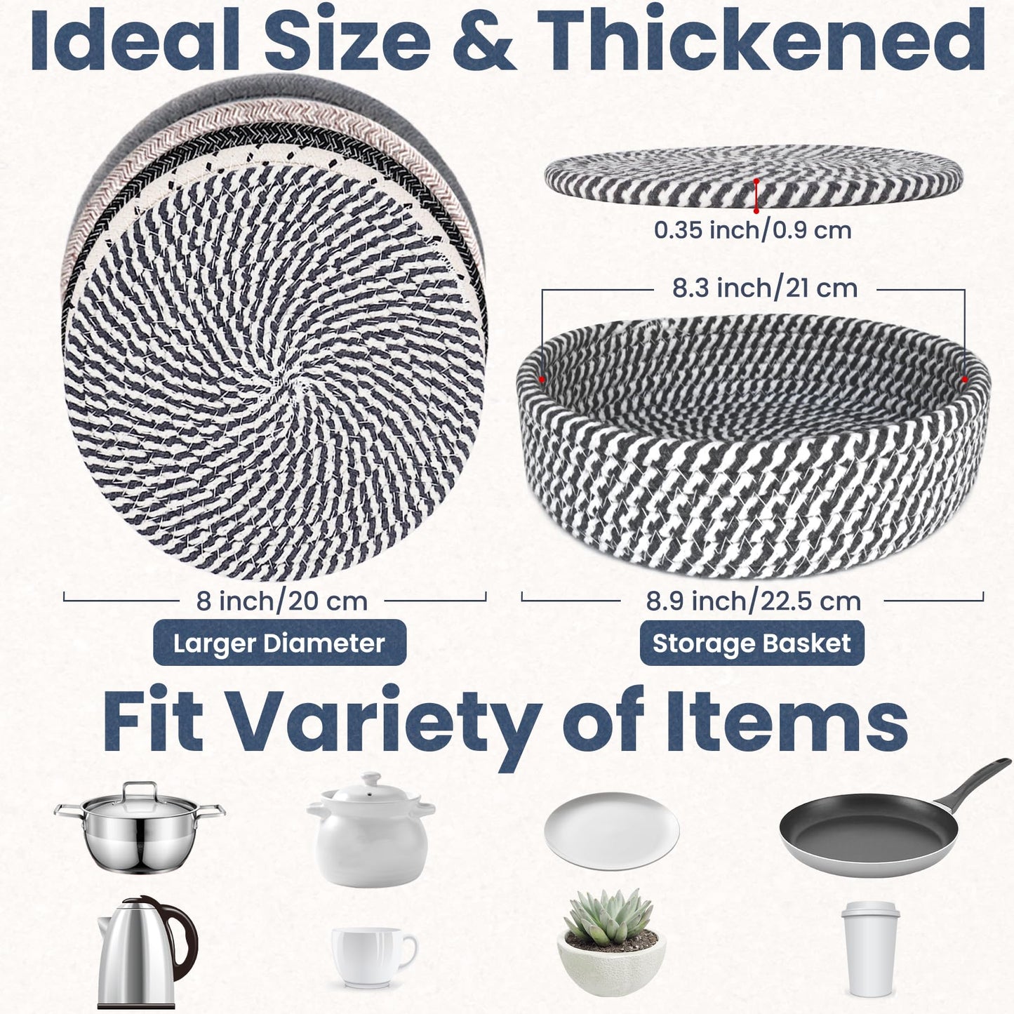 GravGrow Trivets for Hot Dishes, 8 Inch for Pots and Pans, Thicken Heat Resistant With Storage Basket, Pot Holders for Kitchen, Hot Pads Kitchen Essentials, 5 Pcs