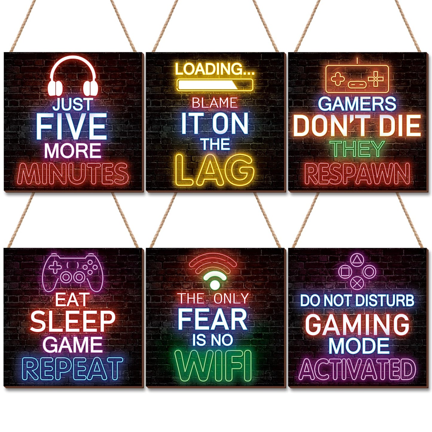 YLOLUL 4pcs Neon Game Art Prints, Wood Wall Art Decor for Boys Room, Gamer Decorations, Inspirational Quote Wall Decor, Modern Home Decor, 12 x 4 Inch, Red