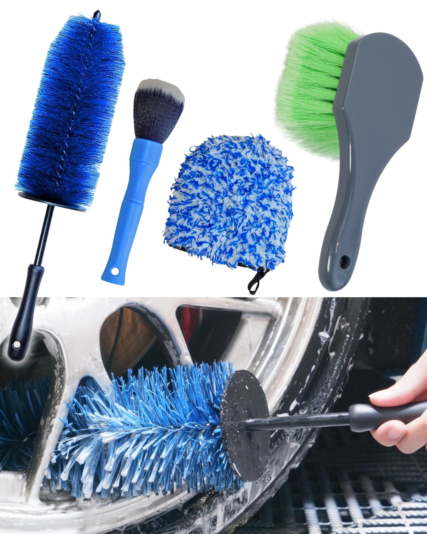 oesee Car Wheel Cleaning Kit: Wheel and Rim Flagged Tip Brush, Bendable Barrel Brush, Wheelie Mitt, Scratch-Free Detail Brush for Rims & Tires - Durable & Multipurpose Clean Wheel Hard to Reach Areas