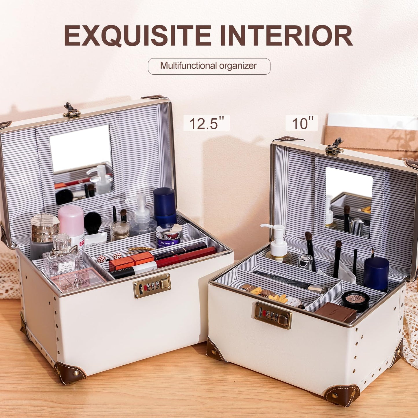 urecity Portable Retro Leather Makeup Train Case Cosmetic Organizer Case Leather Storage Box with Combination Lock (12.5", Ivory White)